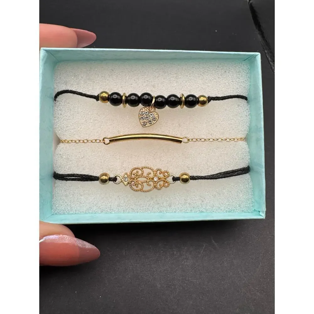 NIB 3 Stylish Bracelets or Anklets Black & Gold - Picture 1 of 8